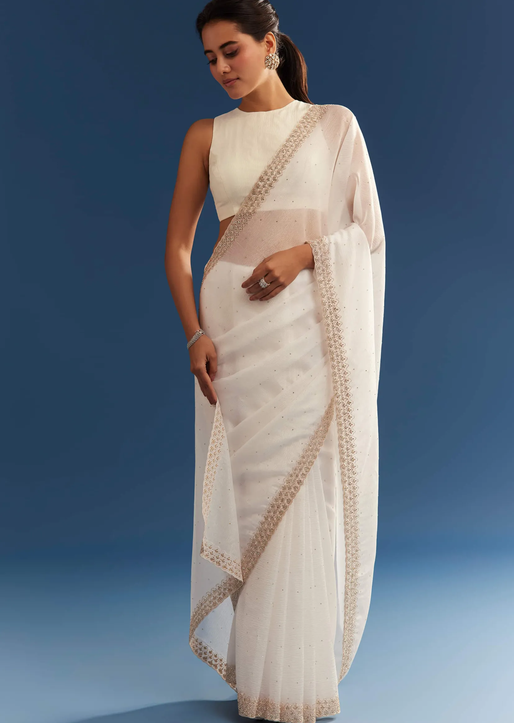 White Crushed Tissue Cutdana Embroidered Saree