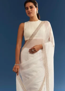 White Crushed Tissue Cutdana Embroidered Saree