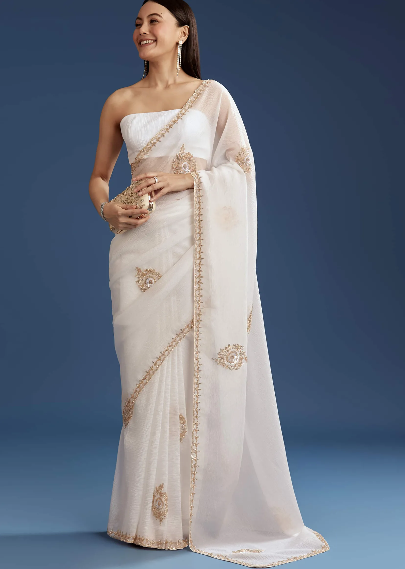 White Crushed Tissue Cutdana And Sequin Embroidered Saree
