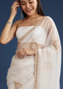 White Crushed Tissue Cutdana And Sequin Embroidered Saree