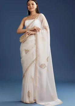 White Crushed Tissue Cutdana And Sequin Embroidered Saree