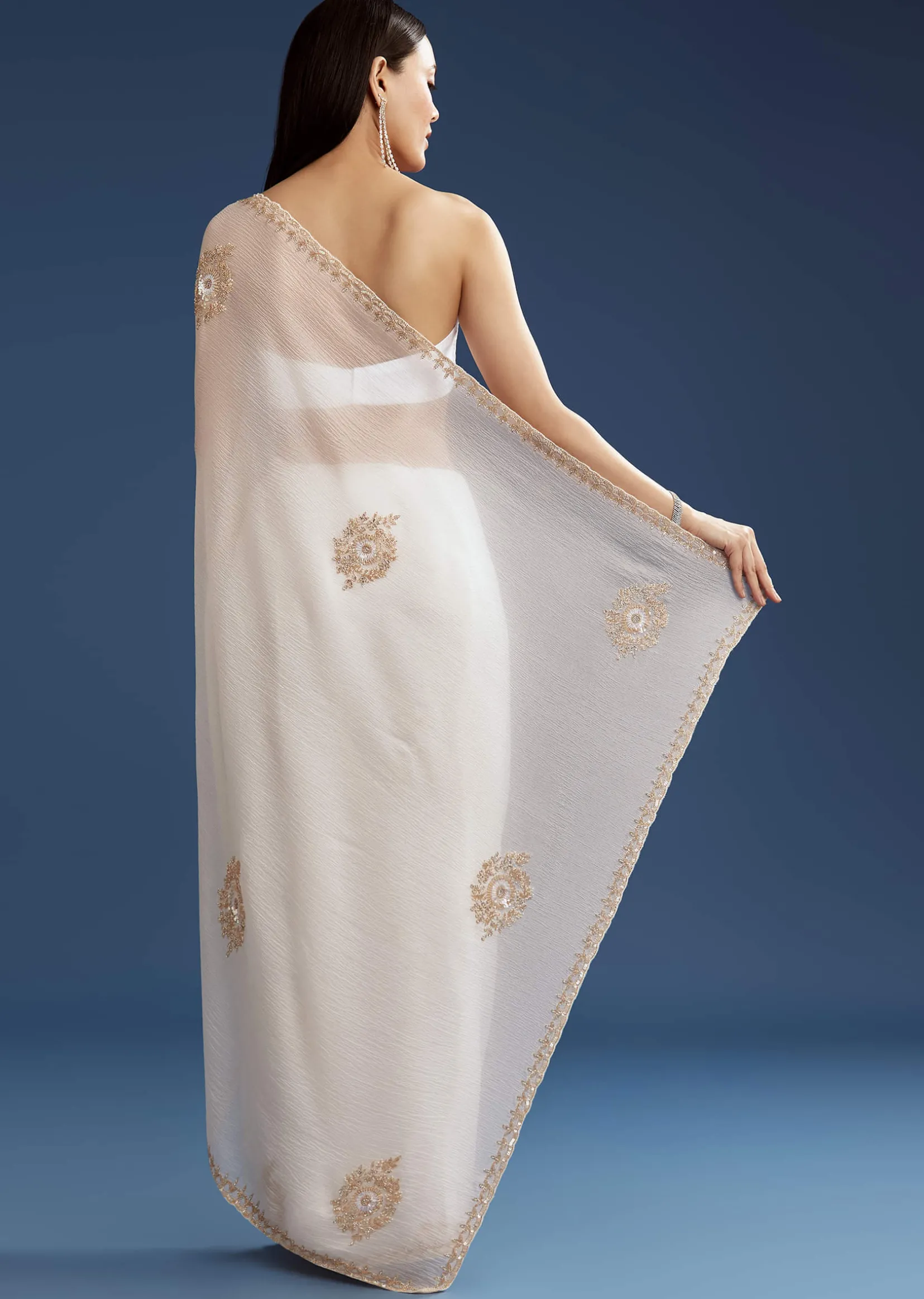 White Crushed Tissue Cutdana And Sequin Embroidered Saree