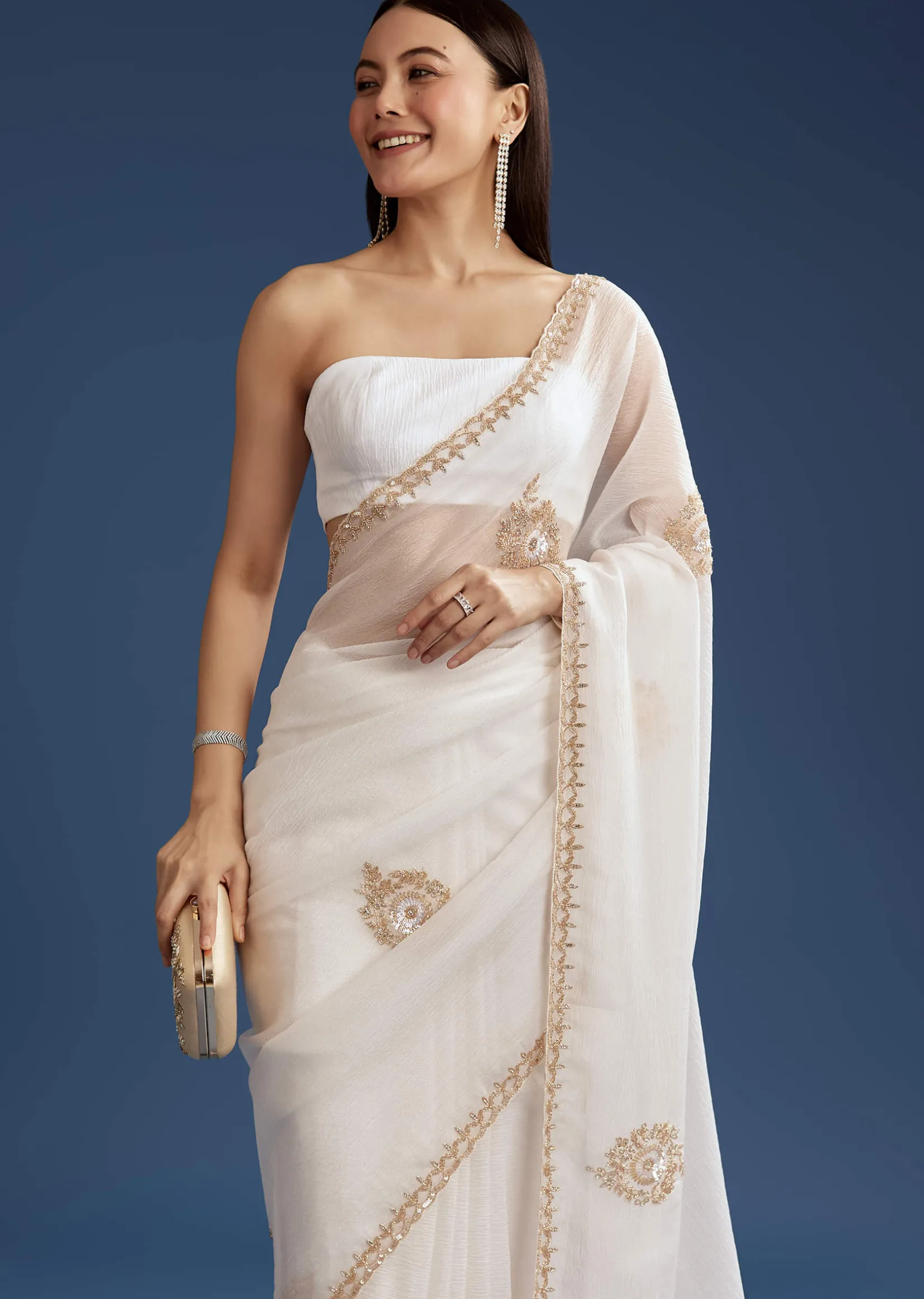 White Crushed Tissue Cutdana And Sequin Embroidered Saree