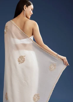 White Crushed Tissue Cutdana And Sequin Embroidered Saree