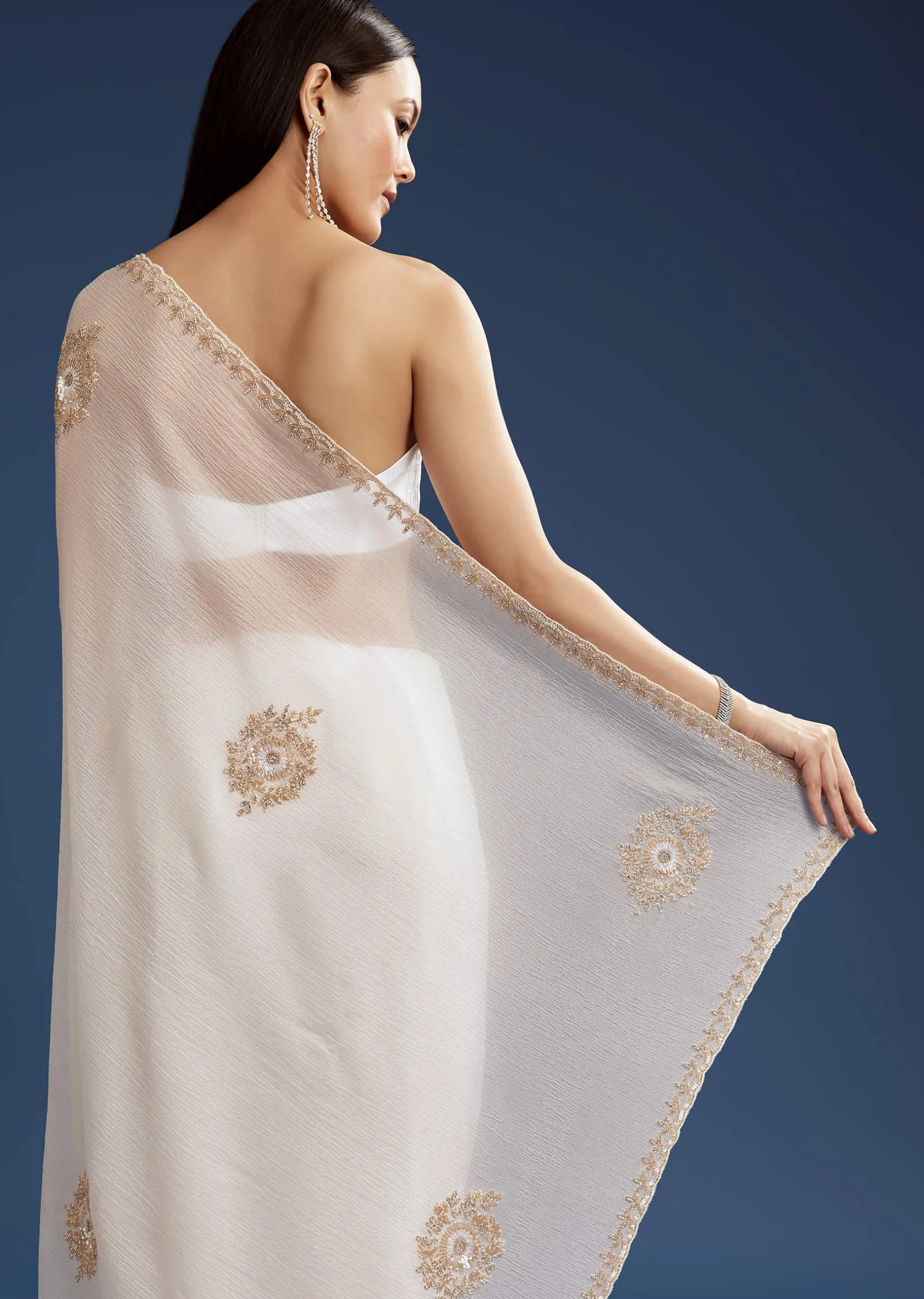 White Crushed Tissue Cutdana And Sequin Embroidered Saree