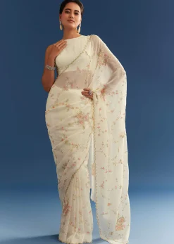 White Crushed Tissue Floral Embroidered Saree
