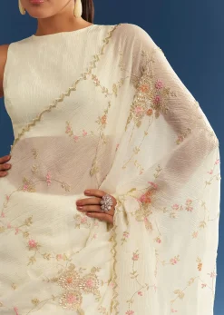 White Crushed Tissue Floral Embroidered Saree