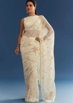 White Crushed Tissue Floral Embroidered Saree