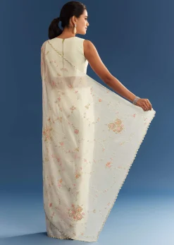 White Crushed Tissue Floral Embroidered Saree