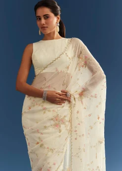 White Crushed Tissue Floral Embroidered Saree