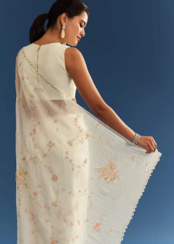 White Crushed Tissue Floral Embroidered Saree