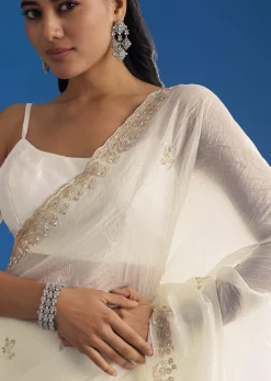 White Crushed Tissue Saree With Stones And Sequins Embroidery And Scallop Border