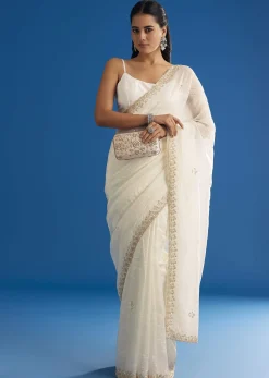 White Crushed Tissue Saree With Stones And Sequins Embroidery And Scallop Border