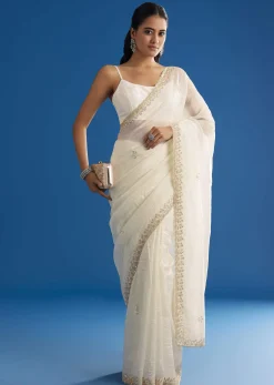 White Crushed Tissue Saree With Stones And Sequins Embroidery And Scallop Border