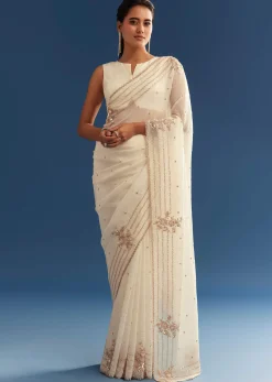 White Crushed Tissue Saree With Cutdana And Sequins Embroidery