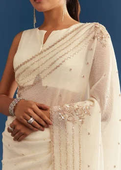 White Crushed Tissue Saree With Cutdana And Sequins Embroidery