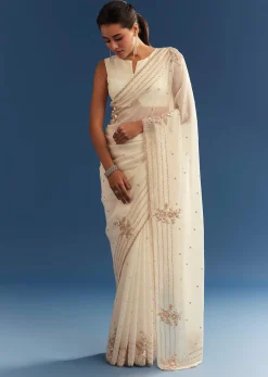 White Crushed Tissue Saree With Cutdana And Sequins Embroidery