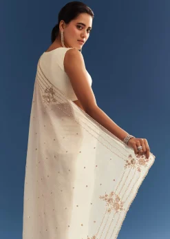 White Crushed Tissue Saree With Cutdana And Sequins Embroidery