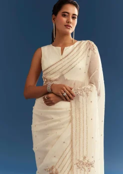 White Crushed Tissue Saree With Cutdana And Sequins Embroidery