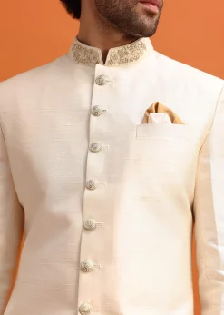 White Cut Work Embroidered Sherwani For Men