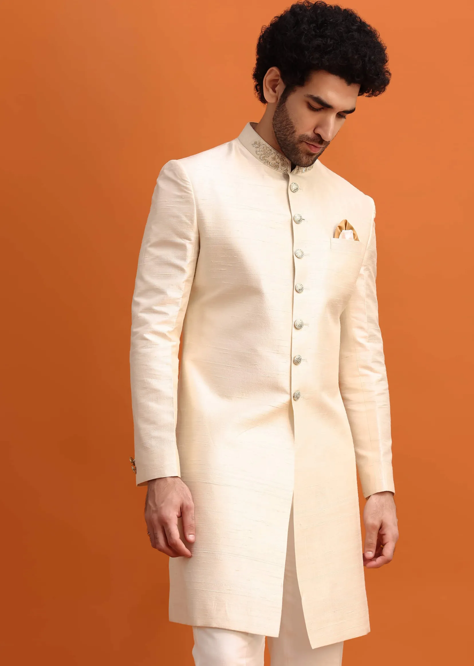 White Cut Work Embroidered Sherwani For Men