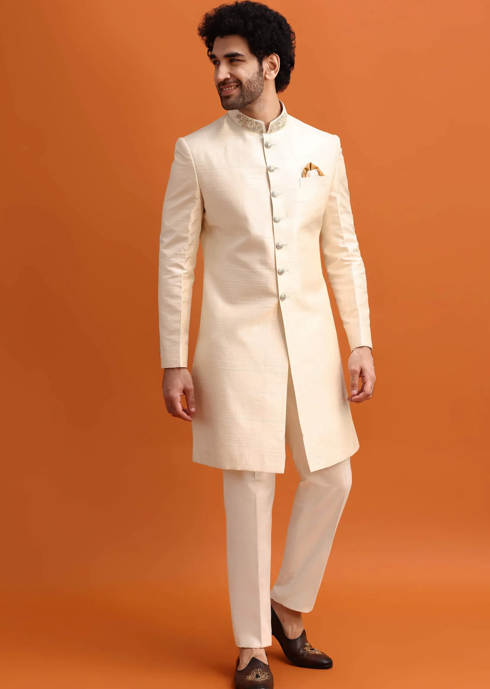 White Cut Work Embroidered Sherwani For Men