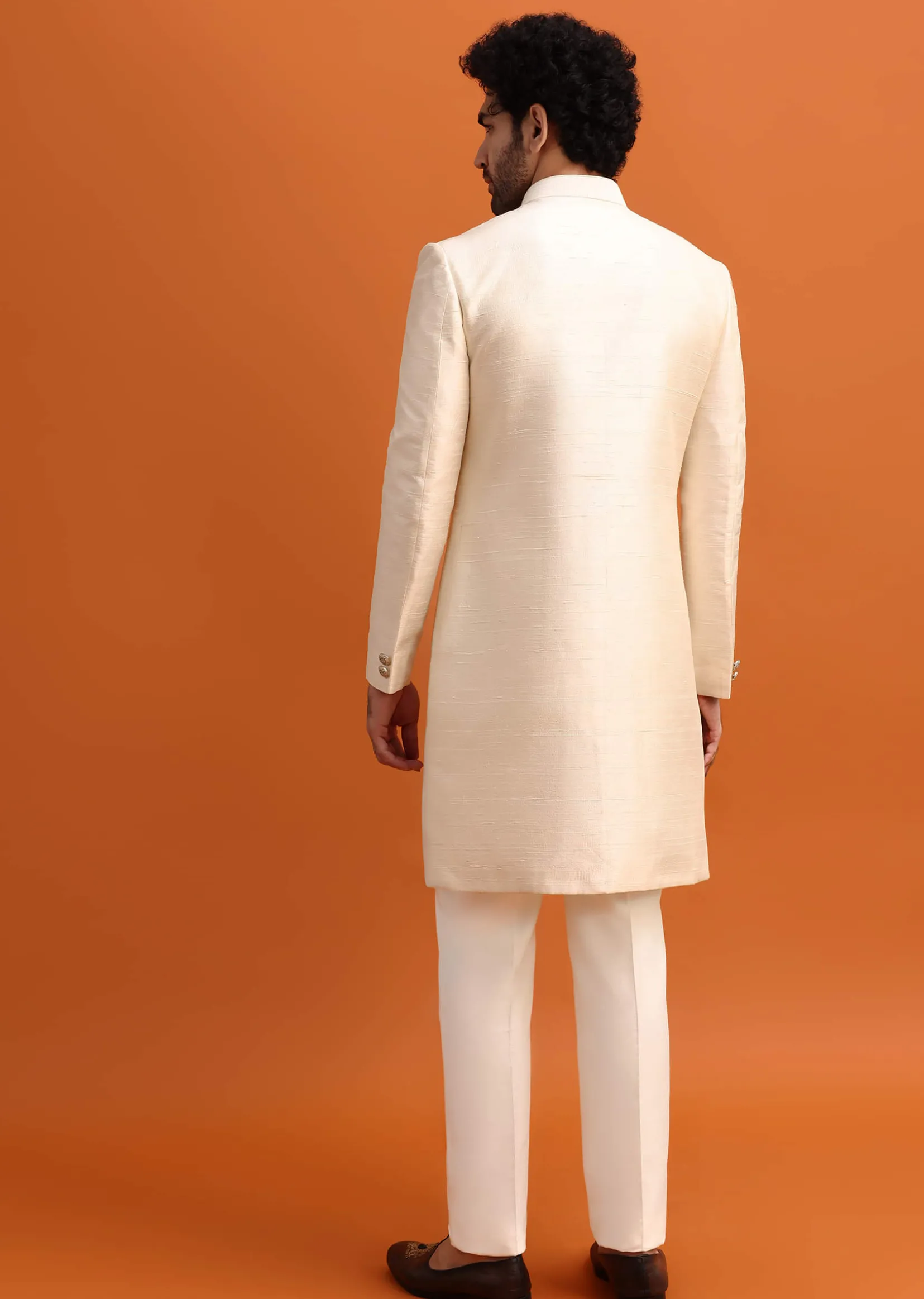 White Cut Work Embroidered Sherwani For Men