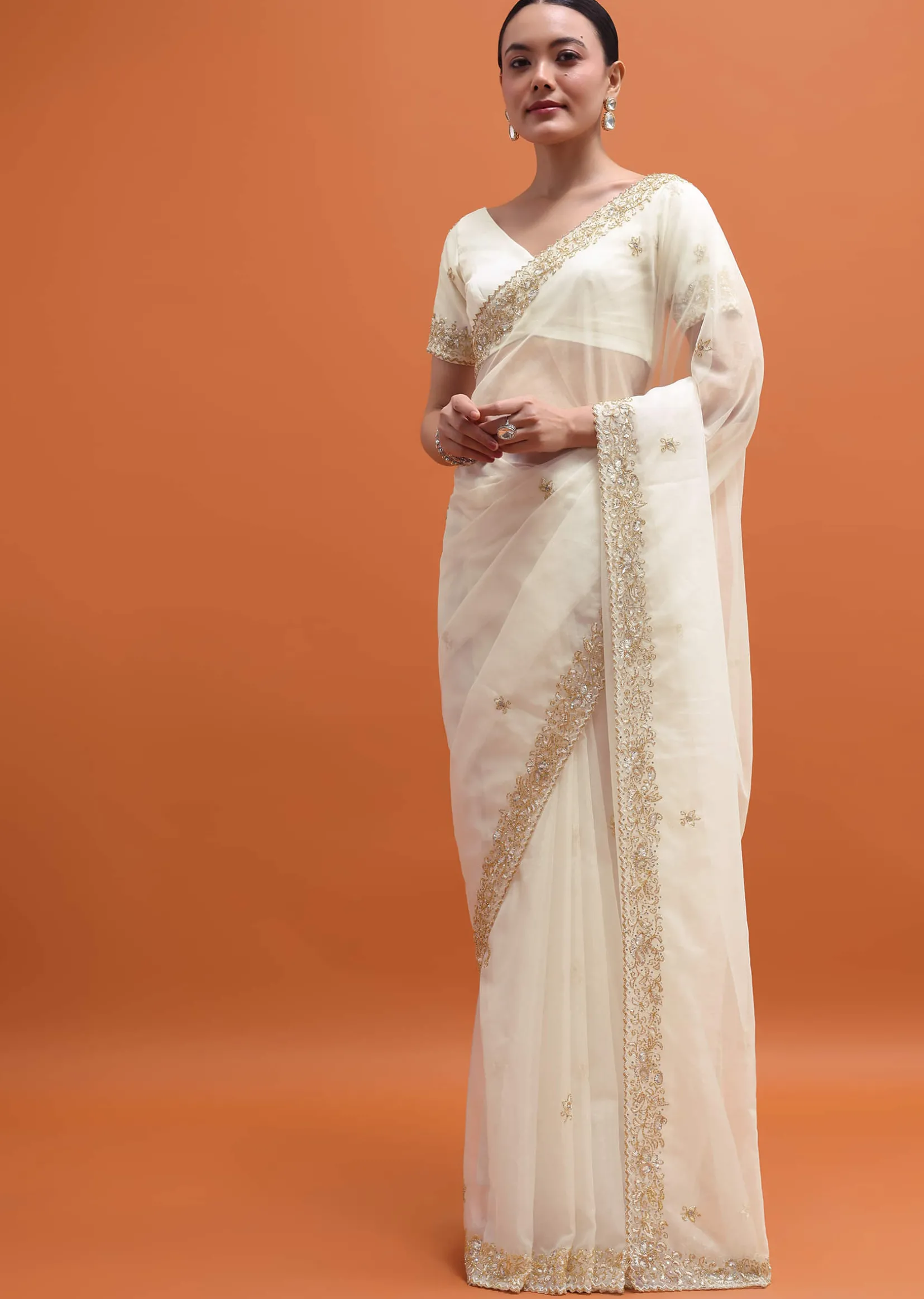White Embroidered Border Saree With Unstitched Blouse