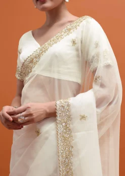 White Embroidered Border Saree With Unstitched Blouse