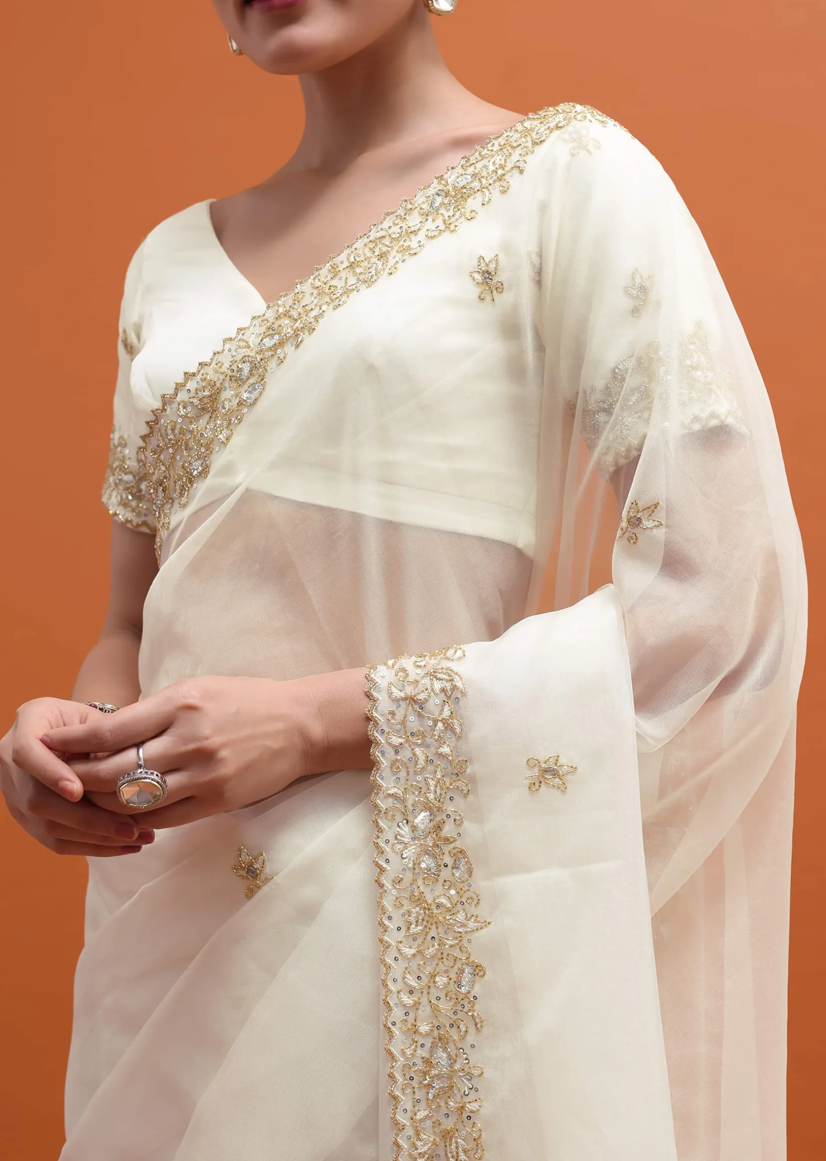 White Embroidered Border Saree With Unstitched Blouse