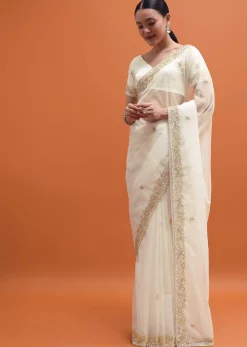 White Embroidered Border Saree With Unstitched Blouse