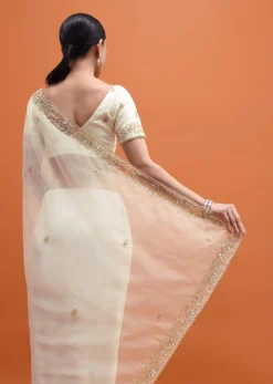 White Embroidered Border Saree With Unstitched Blouse