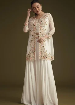 White Embroidered Croptop Palazzo And Jacket Set