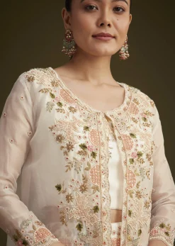 White Embroidered Croptop Palazzo And Jacket Set