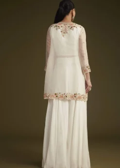 White Embroidered Croptop Palazzo And Jacket Set