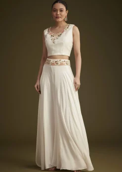 White Embroidered Croptop Palazzo And Jacket Set