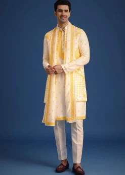 White Embroidered Jacket and Kurta Set With Dupatta