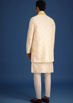White Embroidered Jacket and Kurta Set With Dupatta