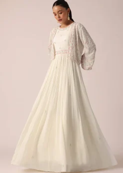 White Embroidered Jacket And Anarkali Set With Sequin Work