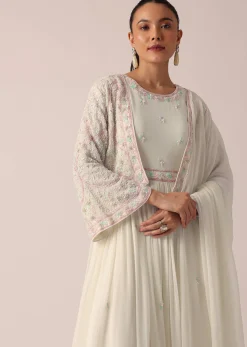 White Embroidered Jacket And Anarkali Set With Sequin Work