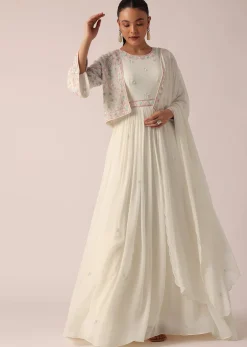 White Embroidered Jacket And Anarkali Set With Sequin Work