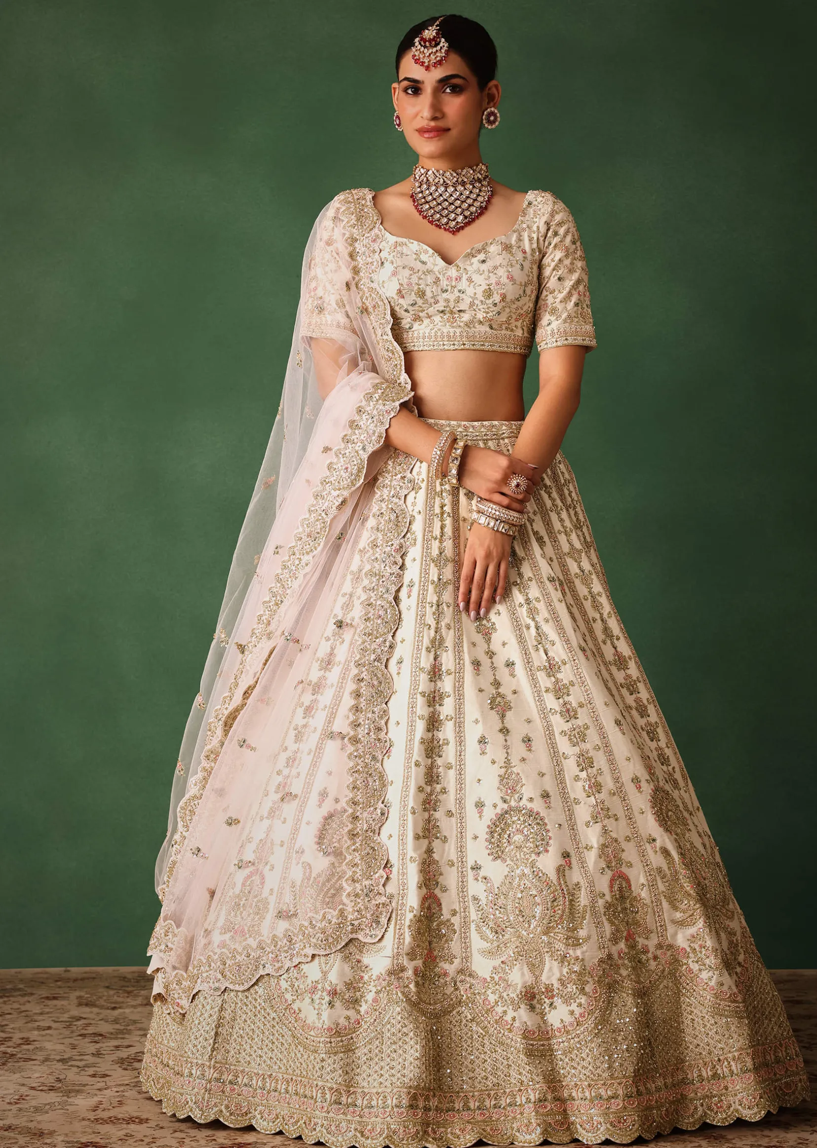 White Embroidered Lehenga Set In Raw Silk