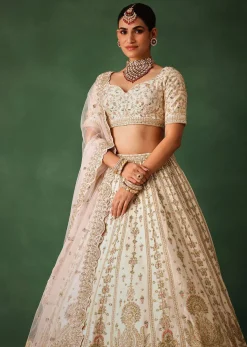 White Embroidered Lehenga Set In Raw Silk