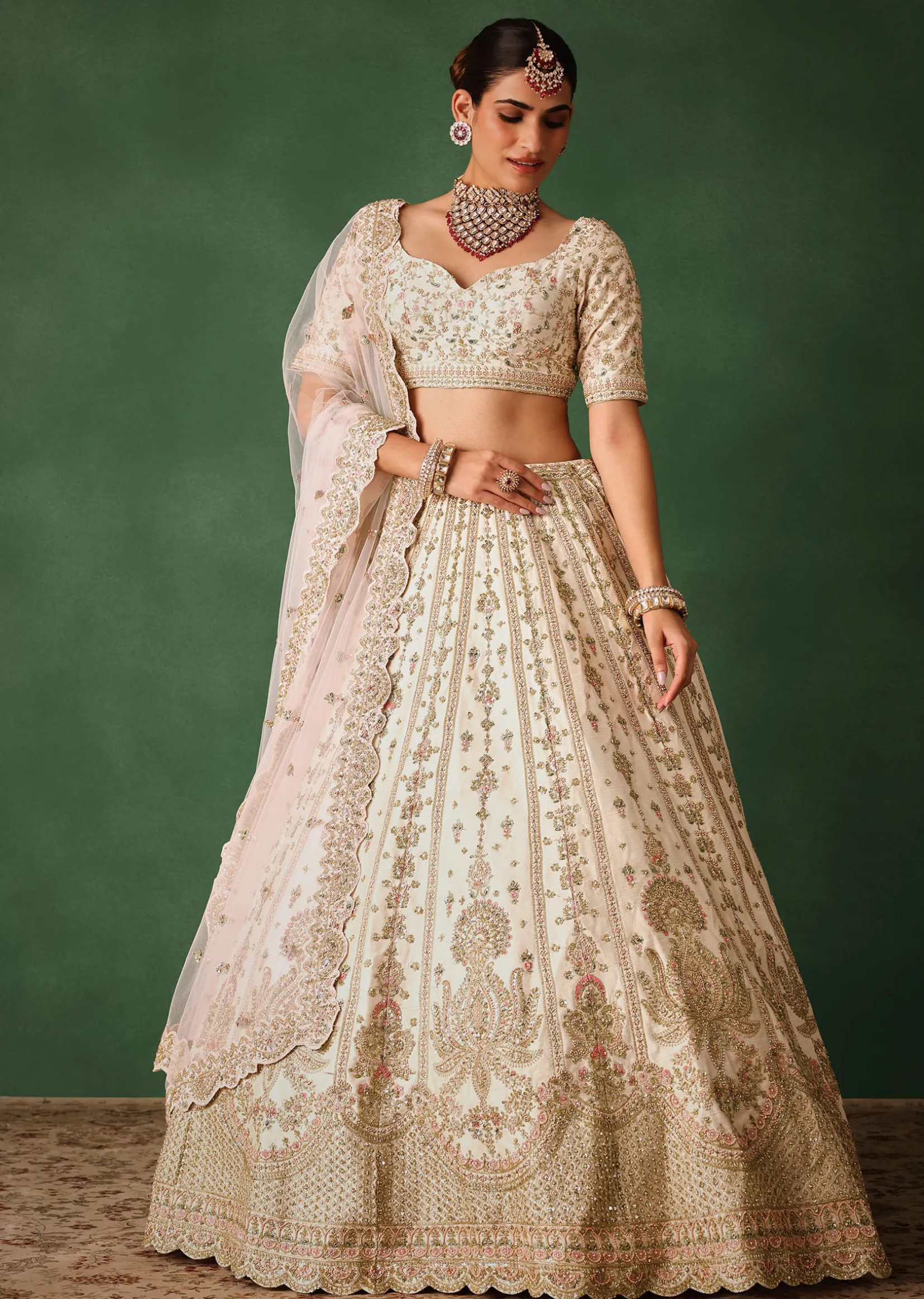White Embroidered Lehenga Set In Raw Silk