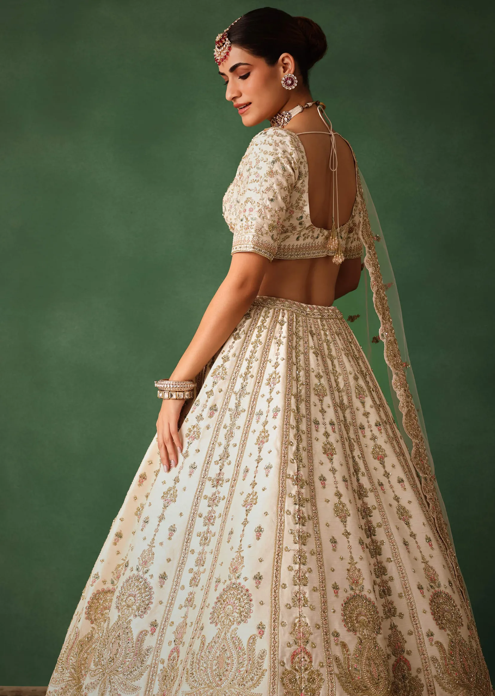 White Embroidered Lehenga Set In Raw Silk