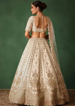 White Embroidered Lehenga Set In Raw Silk