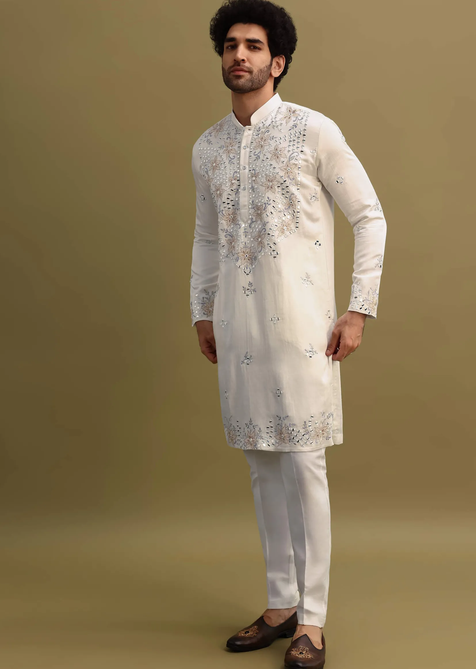White Embroidered Mirror Work Kurta Set For Men