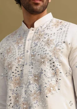 White Embroidered Mirror Work Kurta Set For Men