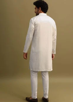 White Embroidered Mirror Work Kurta Set For Men
