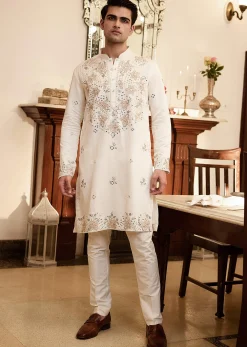 White Embroidered Mirror Work Kurta Set For Men